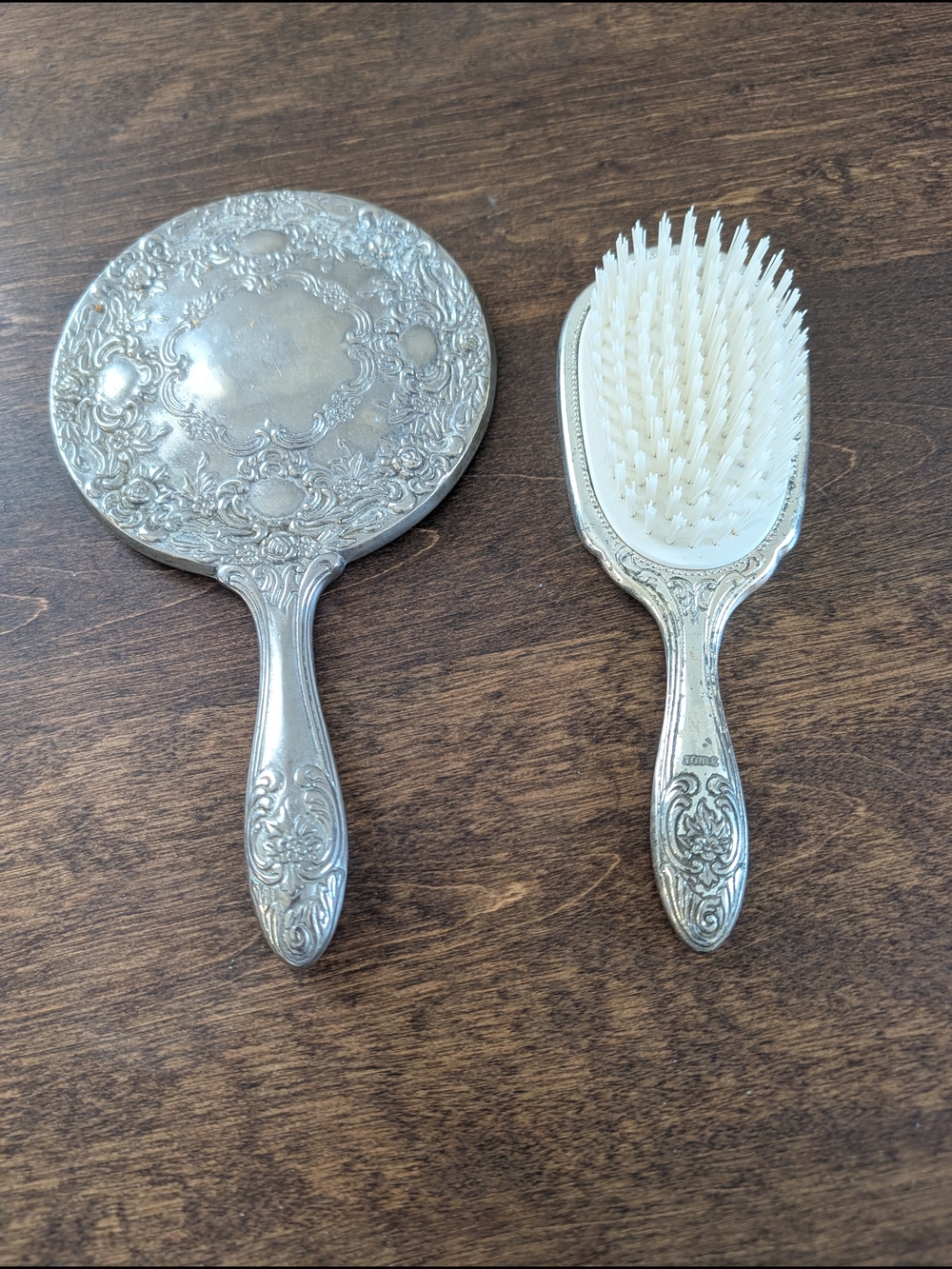 Towle Vintage Silver Ornate Hand Mirror and Brush Set with White Bristles